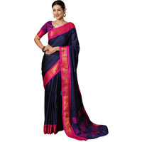 SWARON Women's Banarasi Jacquard Kanjivaram Silk Saree with Unstitched Blouse Piece (3743S103NW_Navy Blue & Rani Pink)