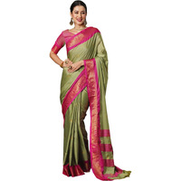 SWARON Women's Banarasi Jacquard Kanjivaram Silk Saree with Unstitched Blouse Piece (3743S108NW_Pista Green & Rani Pink)