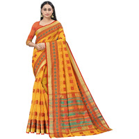 StyleScope Women's Kota Doria Cotton Block Zari Weaving Temple Bordered Saree With Cotton Blend Unstitched Blouse Piece.(Yellow,Orange)