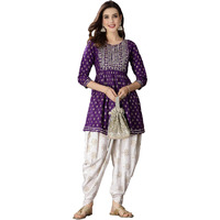 Stylum Women's Printed & Embroidered Rayon Kurti with Dhoti Pant (KDVOILMAHI36_Violet, S)