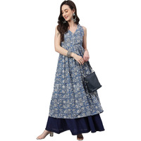 Janasya Women's Blue Cotton Floral Print Flared Kurta(JNE4031-KR-XS)