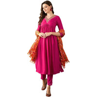 SheWill Womens Pink Embroidered Straight Kurta Set with Trousers & Dupatta Diwali Kurta Set for Women Anarkali Kurta Set Cotton Kurta Set Pakistani Kurta Set Alia Cut Naira Cut Kurta Set