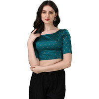 OOMPH! Women's Indian Ethnic Wear Designer Leaf Pattern Boat Neck Half Sleeve Brocade Teal Blue Blouse for Saree or Lehnga and BlousePalazzos or Skirts for a Fusion Twist.