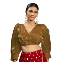 Pujia Mills Women's Rafale Silk Full Balloon Sleeve V Neck Blouse(Gangu) (Copper, 34)
