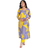 Naixa Women's Yellow Rayon Printed Straight Kurta with Rayon Pant (NX-251-Yellow-XL)