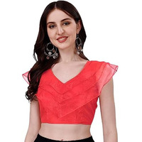 Pujia Mills Women's V Neck Orgenza Three Layer Ruffle Sleeve Frill Readymade Saree Blouse