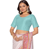 Jaanvi fashion Round Neck Dobby Cotton Lycra Stretchable Elbow Sleeve Readymade Saree Blouse for Women Stylish (Cotton-dobbi-Sky-Blue-m)