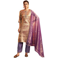 Sanisa Women's Silk Blend Jacquard Work Straight Kurta with Pant and Dupatta Set (187KBD1992N-L_Dusty Purple & Golden)