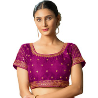 Pujia Mills Women's Wine Readymade Blouse Embroidery Multi Coding Gold Thread Indian Ethnic Designer Blouse Stitched Women's Readymade Short Sleeve Saree Blouse for Women for Saree Lehenga Choli