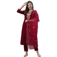 Sanisa Women's Embroidery Velvet Straight Kurta Set with Dupatta (26KBD353N-M_Red)