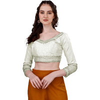 Pujia Mills Women's Milan Silk Heavy Embroidery with Sequins Worked Full Sleeve Fancy Saree Blouse White(Charlie White)
