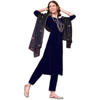 Sanisa Women's Velvet Embroidery Straight Kurta Set with Dupatta (27Kbd361N-Xl_Navy Blue)