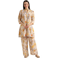 Leriya Fashion Soft Cotton Blend Floral Foil Print Puff Sleeve Shawl Collar Straight Kurta Pant Set for Women Causal Festival Office Shopping Outing Wear for Girls Ethnic Co Ord Set (X-Large, Yellow)