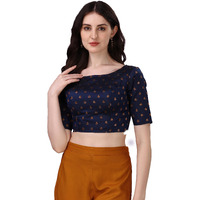 OOMPH! Women's Indian Ethnic Wear Designer Leaf Pattern Boat Neck Half Sleeve Brocade Navy Blue Blouse for Saree or Lehnga and BlousePalazzos or Skirts for a Fusion Twist.
