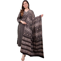 KLOSIA Women Viscose Block Printed A-Line Kurta and Pant Set with Dupatta (in, Alpha, M, Brown)