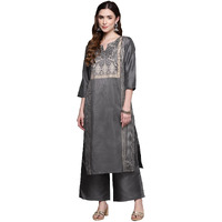 ZIYAA Art Silk Women's Sea Green Crepe Straight Kurta and Palazzo Set_Grey_S