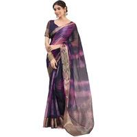 Satrani Women's Organza Printed Jacquard Border Zari Stripe Saree with Unstitched Blouse Piece (3797S448N_Deep Purple & Light Purple)