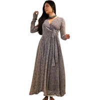 Fashion2wear Women's Georgette Fit and Flare V-Neck Gown Elegant Silhouette in Effortless Style | 3/4 Sleeve | Dress for Women (Grey | X-Large | Grey_Keri_XL)