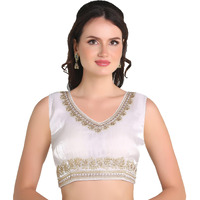 Pujia Mills Women's Sequin Embroidered V Neck Sleeveless Readymade Saree Blouse Indian Ethnic Designer Stitched Readymade Saree Blouse Sleeveless Blouse Readymade Blouse for Women (White, 32)