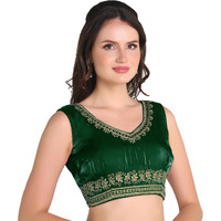 Pujia Mills Women's Sequin Embroidered V Neck Sleeveless Readymade Saree Blouse Indian Ethnic Designer Stitched Readymade Saree Blouse Sleeveless Blouse Readymade Blouse for Women (Bottle Green, 32)