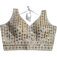 Pujia Mills Women's Readymade Blouse Sleeveless Blouse Embroidery jari Work Mirror Blouse Handwork Readymade Saree Blouse for Women for Saree and Lehenga Choli (B101 White 38)