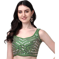 Pujia Mills Women's Multicolor Heavy Phantom Silk Thread Zari And Sequence Work And Real Mirror Hand Work Readymade Saree Blouse (Sleeves Attached Inside) (KANCHI BLOUSE_GREEN_38 Size+ Margin)