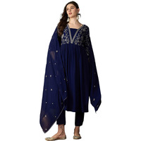 SheWill Navy Blue Zomatto Zari Sequence Embroidered Naira Cut Kurta with Pant and Dupatta |SHEKS10055_SMDR_M
