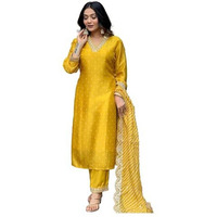 LookMark Women's Silk Blend Table Print Kurta Pant Set with Mal Cotton Digital Print Dupatta and Embroidery Work Suitable for Every Indian Occasion (AZ-LM-OG-KS2178 Yellow-XL)