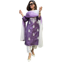 GoSriKi Women's Rayon Blend Straight Embroidered Kurta with Pant & Dupatta (Fresh-Lavender-GS_L_Purple_Large)