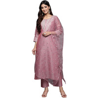Varanga Women Pink Zari Embroidered A-Line Kurta with Bottom and Dupatta  Kurti Set with Dupatta for Women (Double Extra Large)