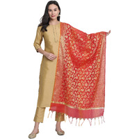 Janasya Women's Gold Poly Silk Solid Kurta with Pant and Dupatta