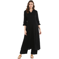 idaLia Rayon Solid A-Line Black Kurta Set for Women Stylish Boat Neck Design Kurta Set with Pant