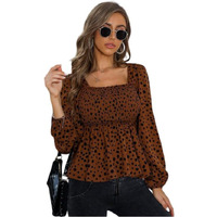 Sheetal Associates Women's Leopard Print Square Neck Peplum Peasant Top Long Sleeve Shirt Blouse (X-Small, Maroon)