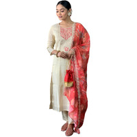 Naixa Women's Cream Chanderi Silk with Lining Embroidered Straight Kurta with Chanderi Silk Pant and Silk Printed Dupatta Sets (NX-547-Cream-3XL)