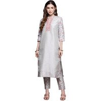 ZIYAA Art Women's Light Grey Poly Silk Straight Kurta With Pant Set M