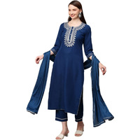 ANNI DESIGNER Women's Cotton Blend Straight Embroidered Kurta with Pant & Dupatta Set (Dhati Kerosin_M_Dark Blue_Medium)