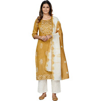 Vbuyz Women's Chanderi Batik Print Straight Stitched Kurta With Dupatta (VF-KU-1702-40_Yellow_L)