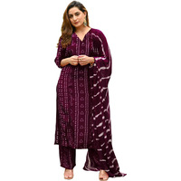 GoSriKi Women's Rayon Blend Straight Bandhej Printed Kurta with Pant & Dupatta (Baghira Wine-GS_M_Wine_Medium)