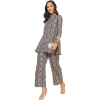 Janasya Women's Blue Cotton Ethnic Motifs Tunic with Palazzo(SET707-TU-PP-S)