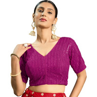 Vihu Fashion Women's Indian Ethnic Wear Designer Silver Sequence with Matching Embroidered Work V Neck Half Sleeve Readymade Padded Saree Blouse Readymade Unique Pink Color Saree Blouse