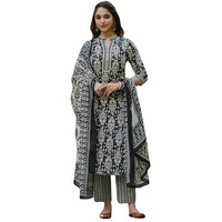 NAINVISH Women's Rayon Printed Straight V-Neck Kurta Pant with Dupatta (SD685_KBD-L_Black)
