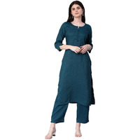 Hritika Self Design Viscose Rayon Teal Kurta & Trousers Set_(HRKB0048TEAL_M)