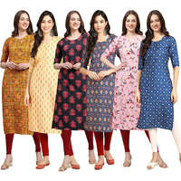 Pinkmint Women's Crepe Digital Print Straight Kurta Pack of 6 [CR-333-360-345-358-339-353-M]