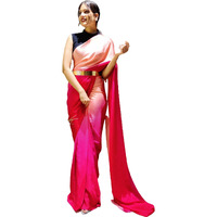StyleScope Women's Chinon Plain Shaded Ready To Wear Saree With Satin Banglori/Art Silk Plain Unstitched Blouse Piece.(Rani Pink,Peach)