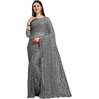 LOROFY Women's Brasso Net Saree With Blouse (Grey)