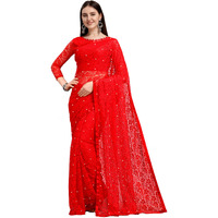 LOROFY Women's Brasso Net Saree With Blouse (Red)