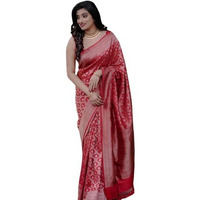 Flosive Women's Present Banarasi Soft Lichi Silk Saree Beautiful Jacquard Rich Pallu Design Work Zari Woven Kanjivaram Silk Style Saree With Soft Lichi Silk Blouse Piece Ayn Royal Red Vell & Flower