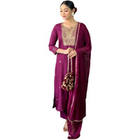 Naixa Women's Wine Rayon Slub Embroidered Straight Kurta with Rayon Slub Pant and Chinon Laced Dupatta Sets (NX-554-Wine-M)