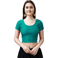 Pujia Mills Women's Readymade Dobby Cotton Lycra Stretchable Round Neck Short Sleeve Blouse Fancy Rama Color Lycra Stretchable Blouse for Women Stylish Readymade Saree Blouse