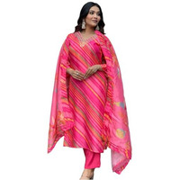 ANNI DESIGNER Women's Cotton Blend Straight Printed Kurta with Pant & Dupatta (Mang Pink_S_Pink_Small)